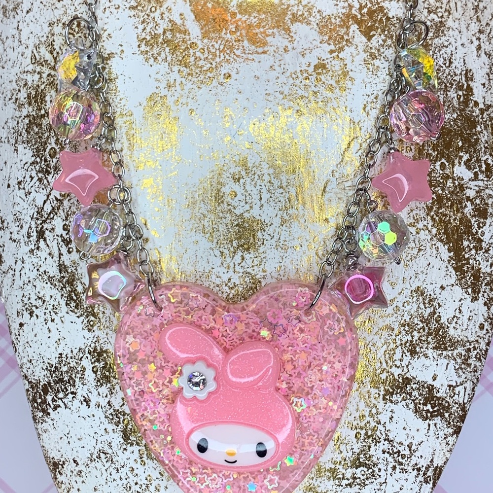 Pastel Pink Glitter Bunny heart charm necklace kawaii pastel goth sweet Lolita - Picture 2 of 5